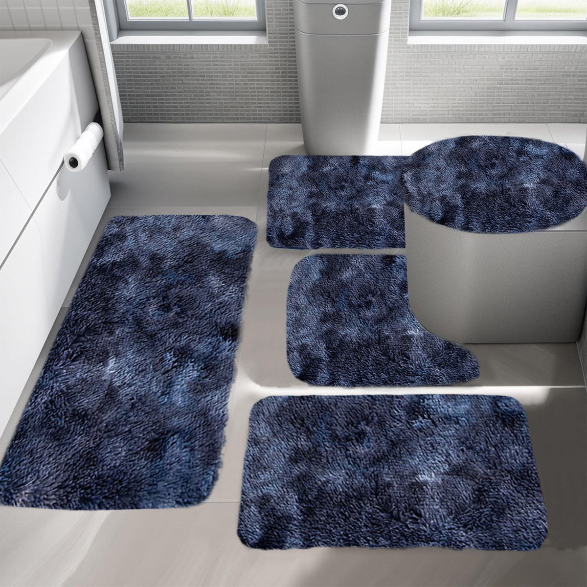 5 Pcs Bathroom Rugs Set, Quick Dry Washable Non Slip Ultra Soft Absorbent Bath Mat with U-Shaped Contour Toilet Mat for Bathroom Tub Shower, Dark Blue