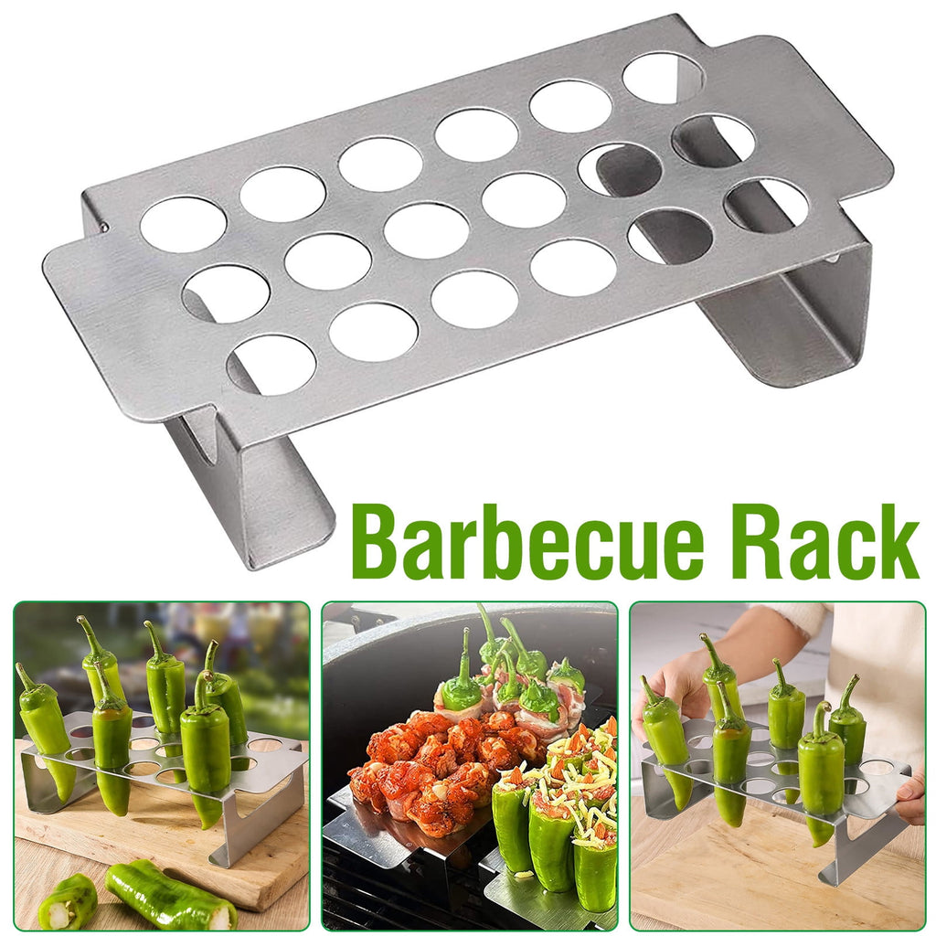 18 Hole Jalapeno Pepper Grill Rack, Stainless Steel BBQ Chili Pepper Holder with Handle, Grilling Accessories for Barbecue, Silver