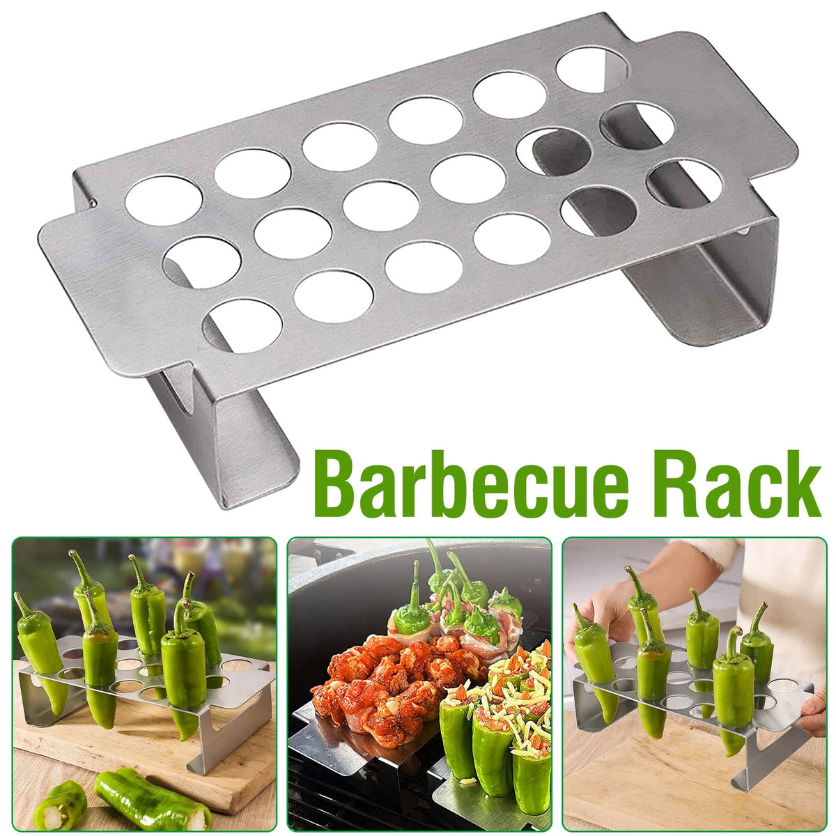 18 Hole Jalapeno Pepper Grill Rack, Stainless Steel BBQ Chili Pepper Holder with Handle, Grilling Accessories for Barbecue, Silver