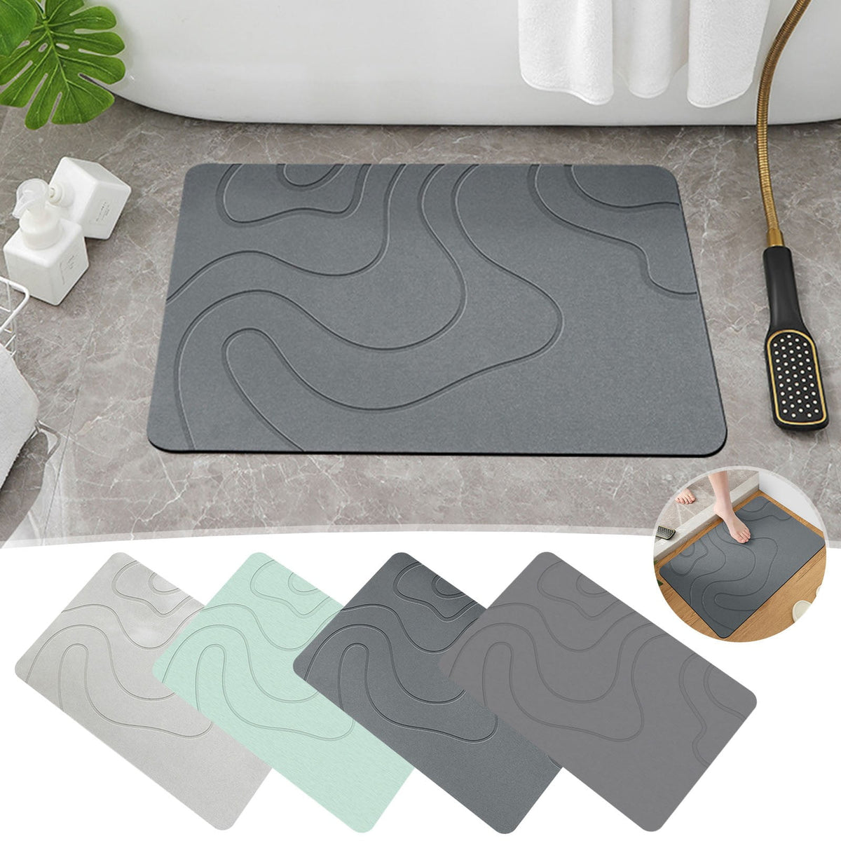 Stone Bath Mat, Quick Drying Diatomaceous Earth Bath Mat, Super Absorbent Non Slip Washable Shower Rug for Bathroom Floor Kitchen, Dark Gray, 16 x 24 Inch