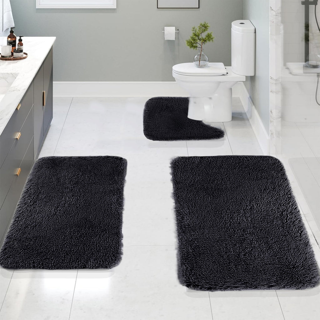 Bathroom Rugs Solid Color Bath Mats 3 Set Bath Mats for bathroom Toilet Mats Universal Soft Comfortable Water Absorption Non-Slip Thick Machine Washable Easier to Dry Black