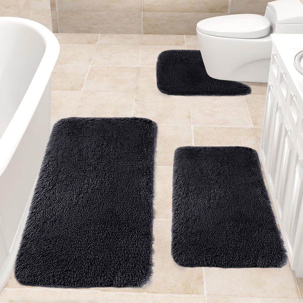 Bathroom Rugs Solid Color Bath Mats 3 Set Bath Mats for bathroom Toilet Mats Universal Soft Comfortable Water Absorption Non-Slip Thick Machine Washable Easier to Dry Black