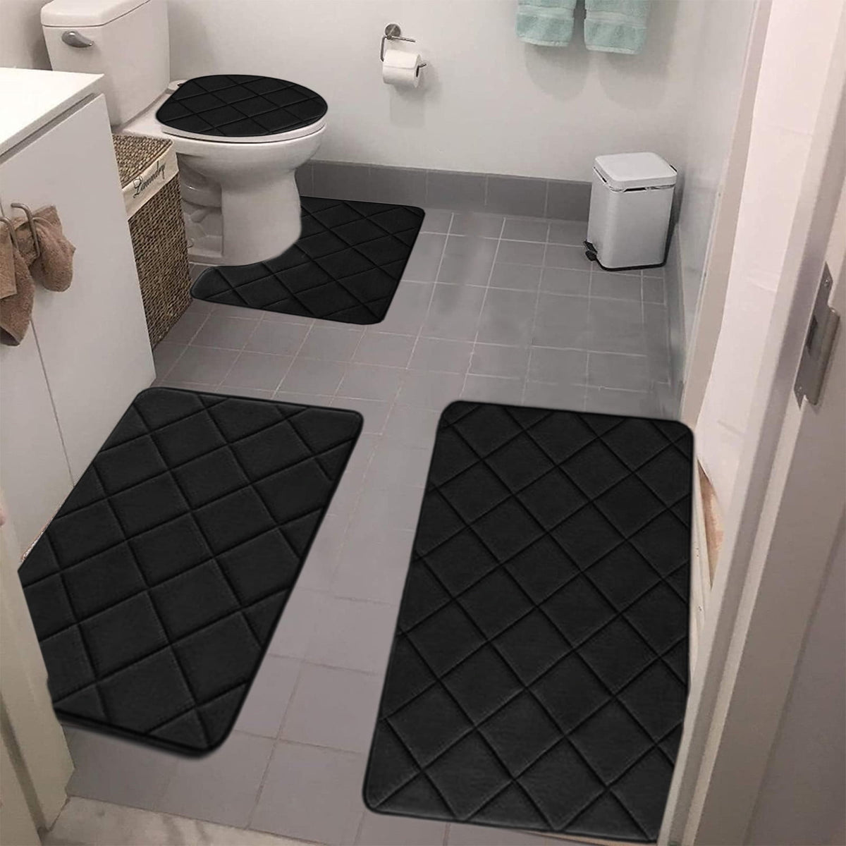 Bathroom Rugs 4 Piece Ultra Soft & Non-Slip Memory Foam Bath Mats for Bathroom, Absorbent Quick-Drying Bath Mats for Shower Bathroom Floor Rugs Black