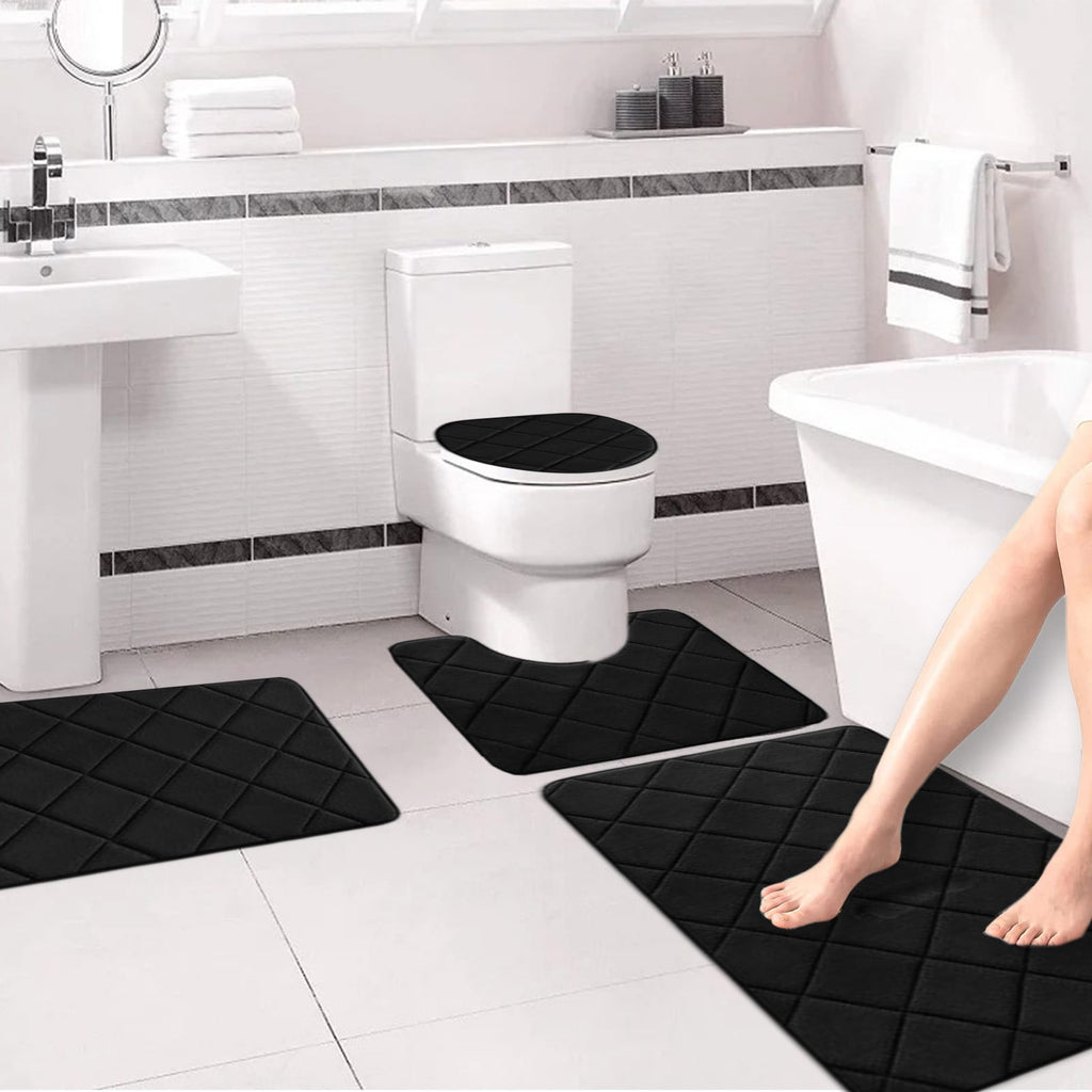 Bathroom Rugs 4 Piece Ultra Soft & Non-Slip Memory Foam Bath Mats for Bathroom, Absorbent Quick-Drying Bath Mats for Shower Bathroom Floor Rugs Black