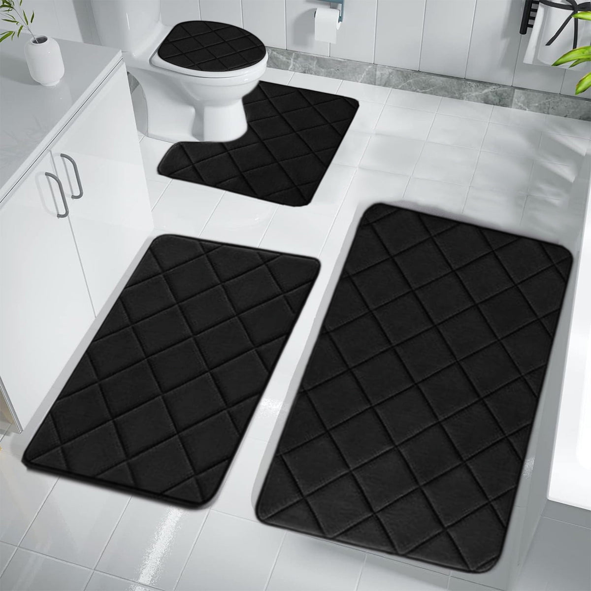 Bathroom Rugs 4 Piece Ultra Soft & Non-Slip Memory Foam Bath Mats for Bathroom, Absorbent Quick-Drying Bath Mats for Shower Bathroom Floor Rugs Black
