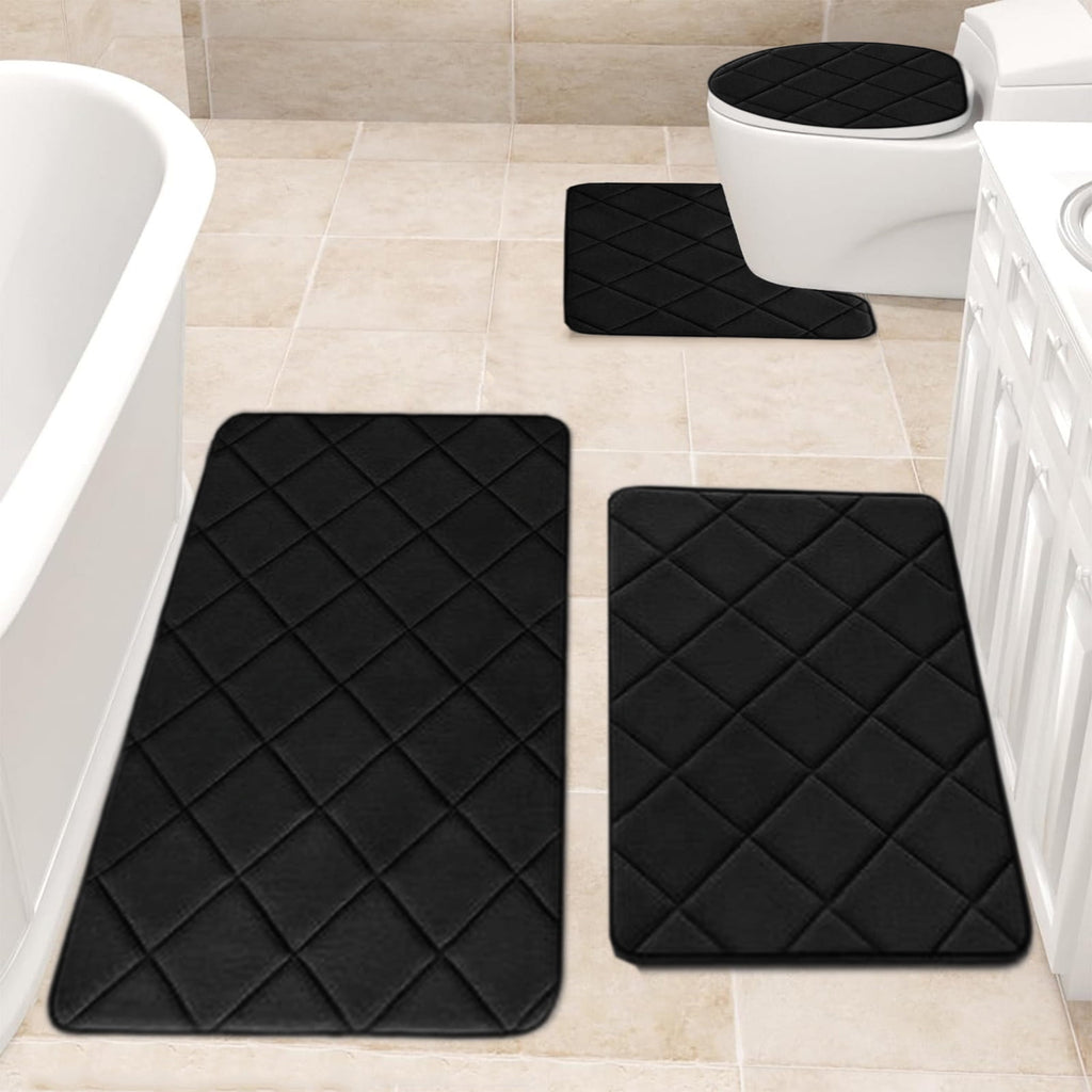 Bathroom Rugs 4 Piece Ultra Soft & Non-Slip Memory Foam Bath Mats for Bathroom, Absorbent Quick-Drying Bath Mats for Shower Bathroom Floor Rugs Black