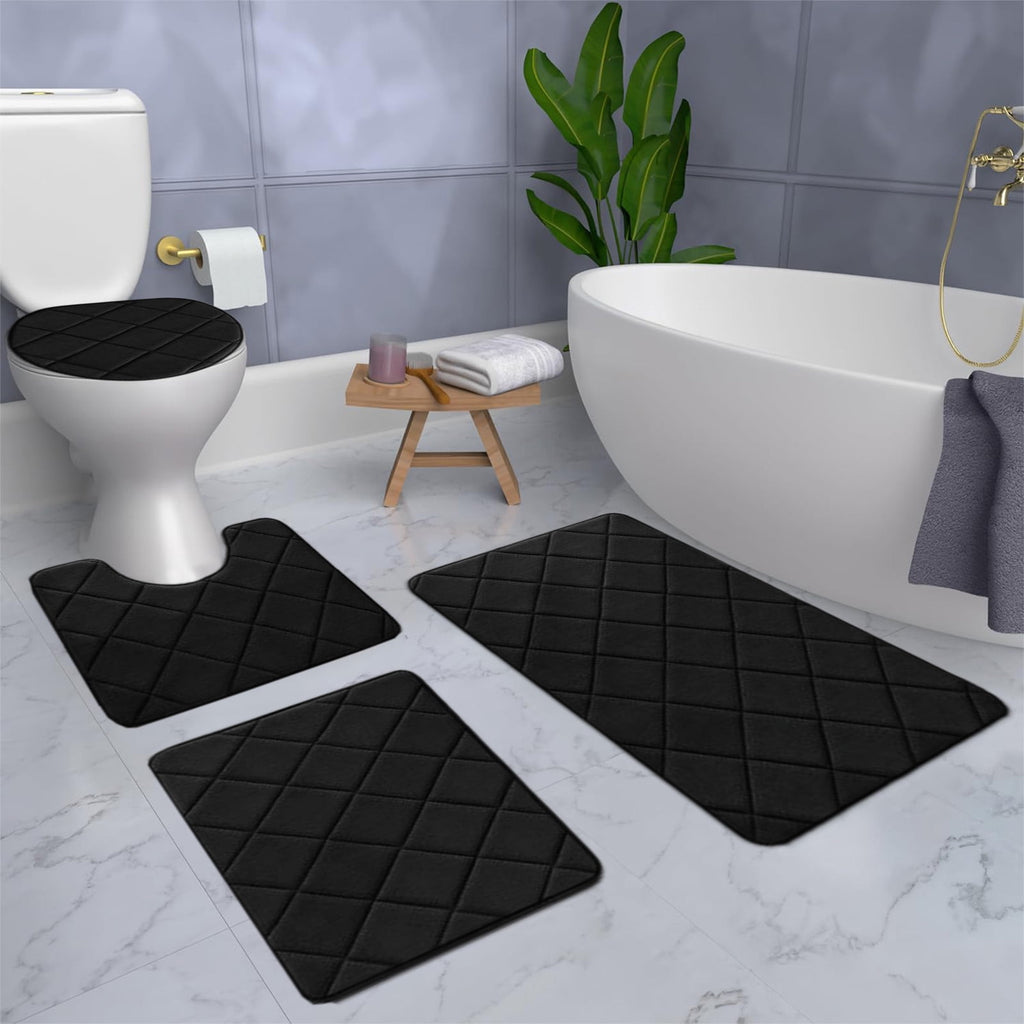 Bathroom Rugs 4 Piece Ultra Soft & Non-Slip Memory Foam Bath Mats for Bathroom, Absorbent Quick-Drying Bath Mats for Shower Bathroom Floor Rugs Black