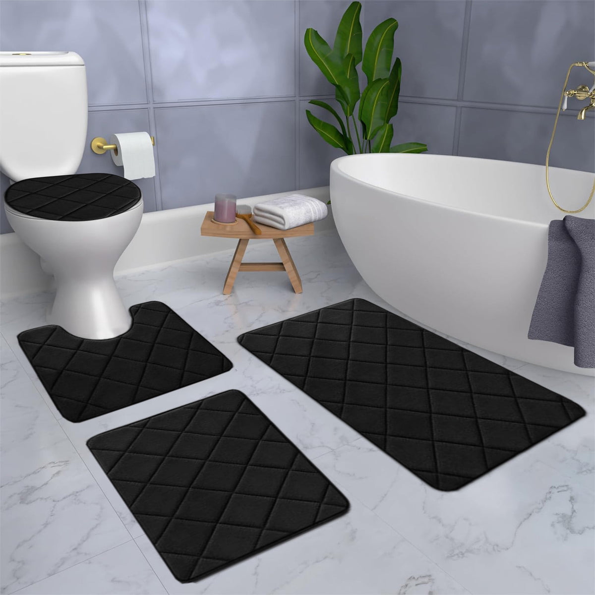 Bathroom Rugs 4 Piece Ultra Soft & Non-Slip Memory Foam Bath Mats for Bathroom, Absorbent Quick-Drying Bath Mats for Shower Bathroom Floor Rugs Black