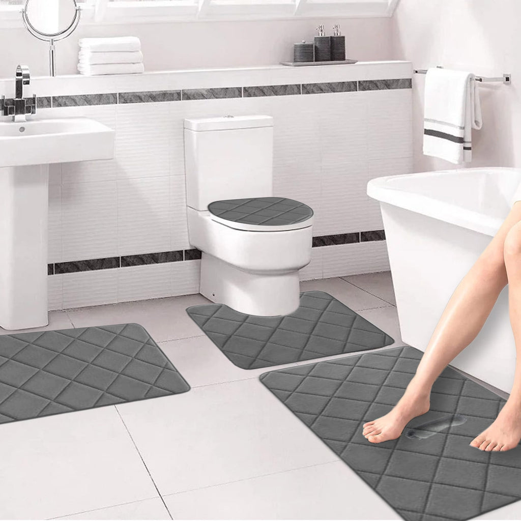 Bathroom Rugs 4 Piece Ultra Soft & Non-Slip Memory Foam Bath Mats for Bathroom, Absorbent Quick-Drying Bath Mats for Shower Bathroom Floor Rugs Dark Gray
