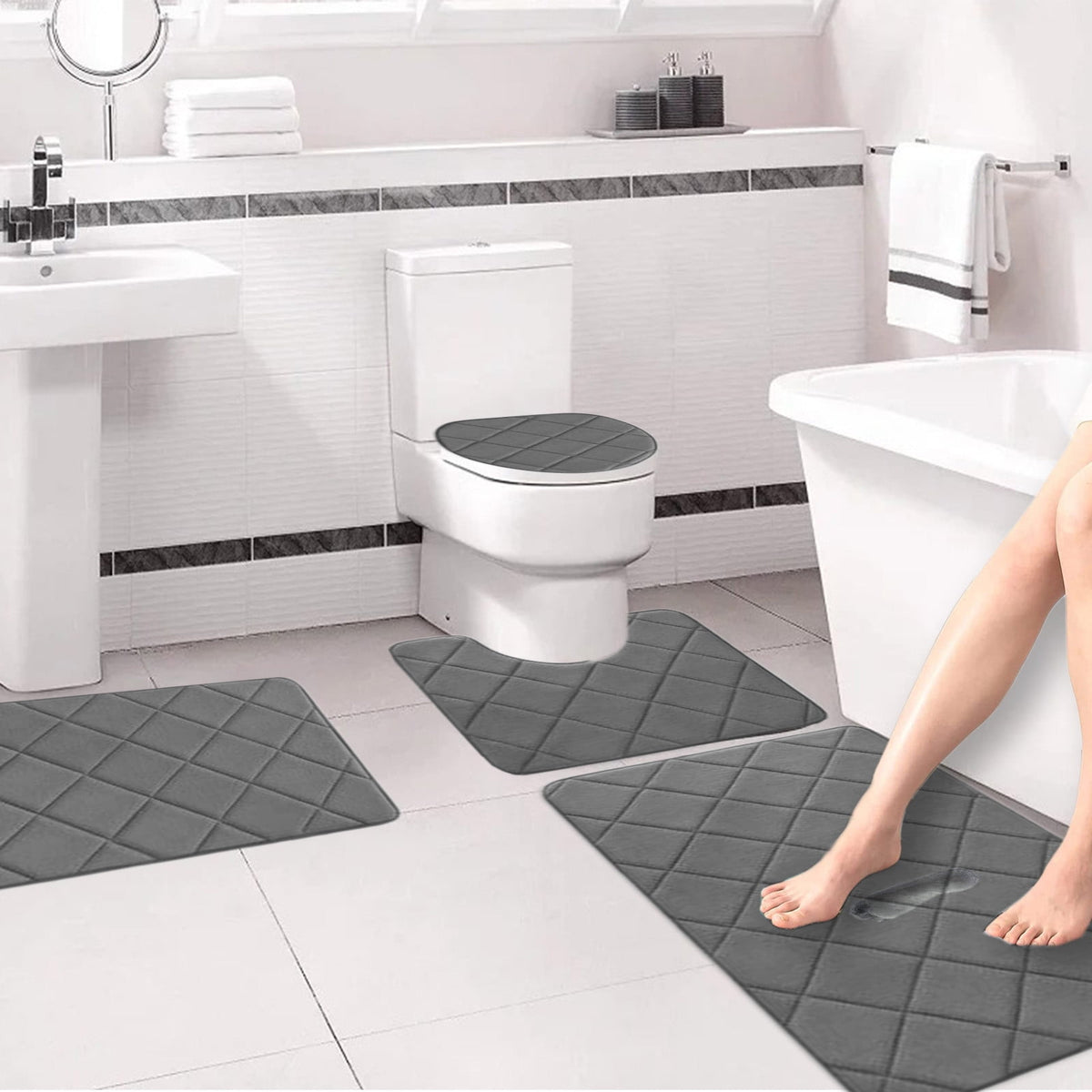 Bathroom Rugs 4 Piece Ultra Soft & Non-Slip Memory Foam Bath Mats for Bathroom, Absorbent Quick-Drying Bath Mats for Shower Bathroom Floor Rugs Dark Gray
