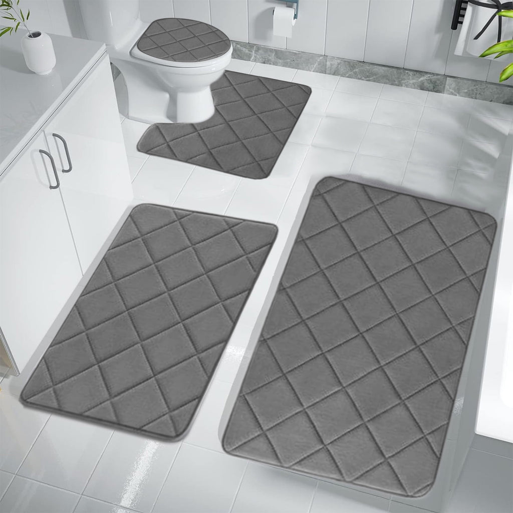 Bathroom Rugs 4 Piece Ultra Soft & Non-Slip Memory Foam Bath Mats for Bathroom, Absorbent Quick-Drying Bath Mats for Shower Bathroom Floor Rugs Dark Gray