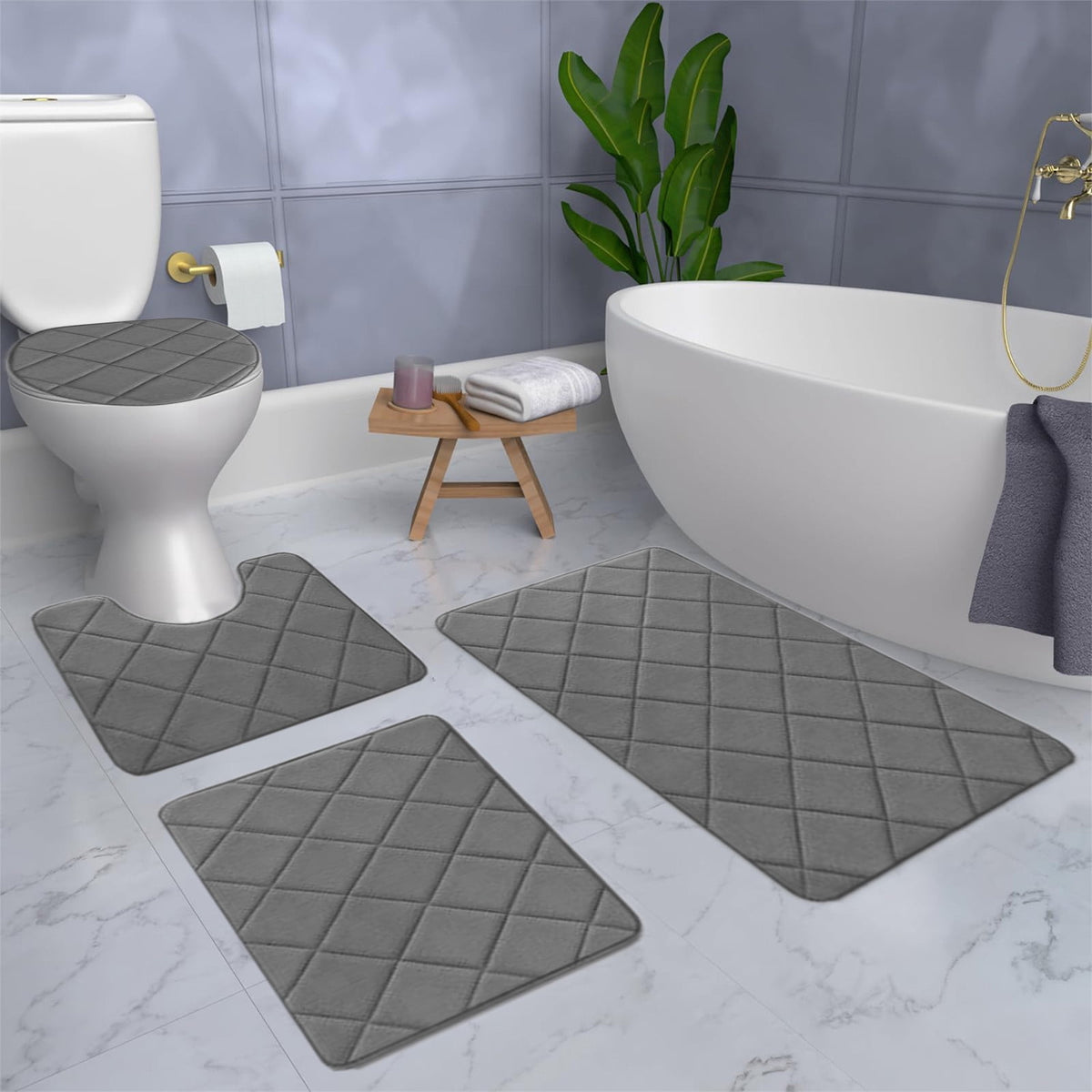 Bathroom Rugs 4 Piece Ultra Soft & Non-Slip Memory Foam Bath Mats for Bathroom, Absorbent Quick-Drying Bath Mats for Shower Bathroom Floor Rugs Dark Gray