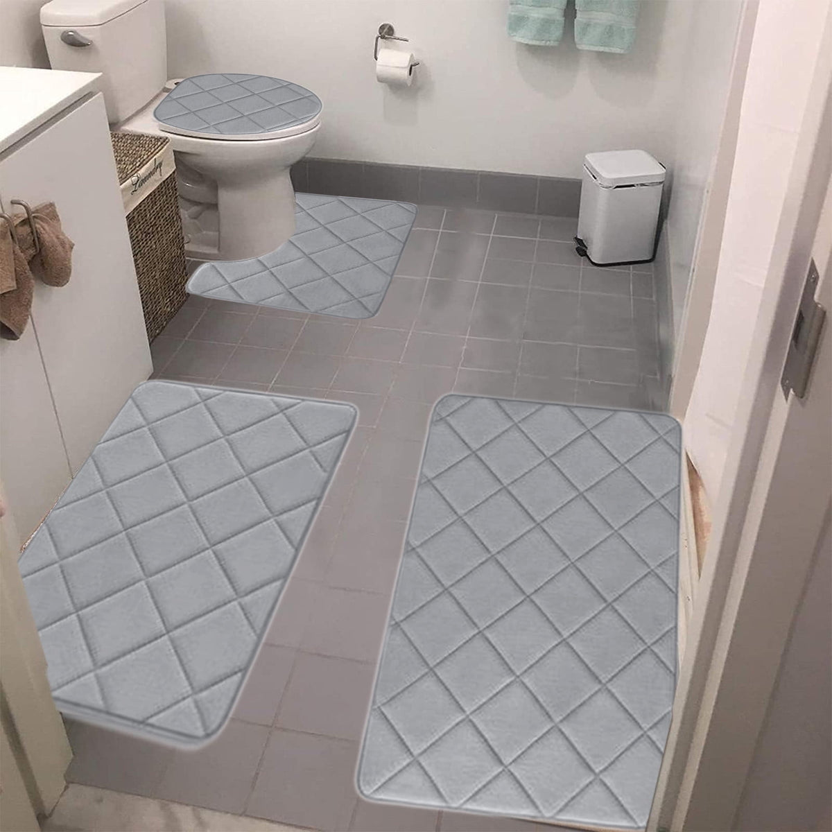 Bathroom Rugs 4 Piece Ultra Soft & Non-Slip Memory Foam Bath Mats for Bathroom, Absorbent Quick-Drying Bath Mats for Shower Bathroom Floor Rugs Gray