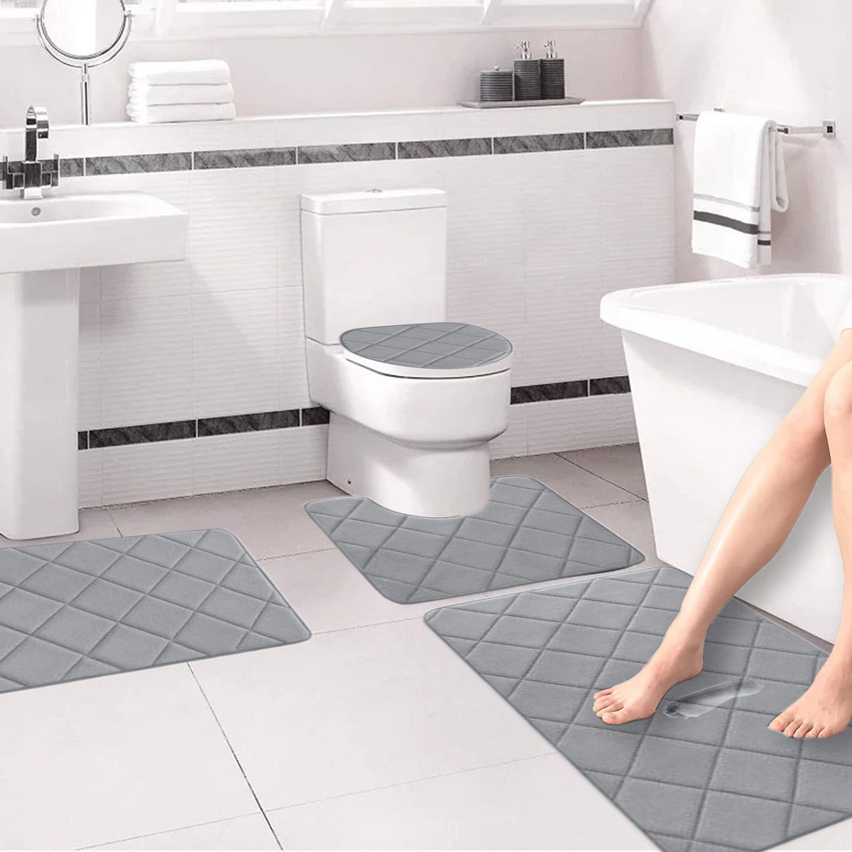 Bathroom Rugs 4 Piece Ultra Soft & Non-Slip Memory Foam Bath Mats for Bathroom, Absorbent Quick-Drying Bath Mats for Shower Bathroom Floor Rugs Gray