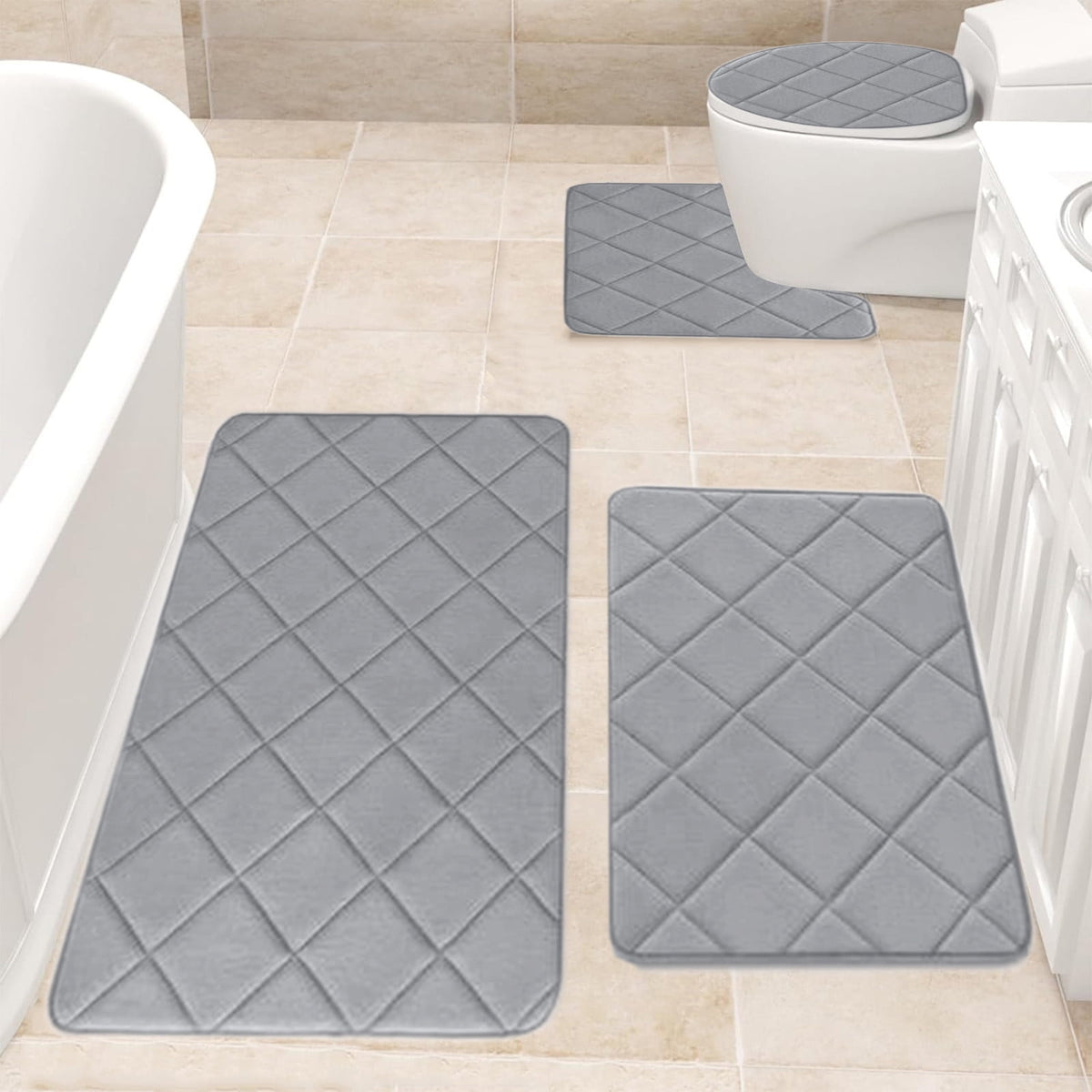 Bathroom Rugs 4 Piece Ultra Soft & Non-Slip Memory Foam Bath Mats for Bathroom, Absorbent Quick-Drying Bath Mats for Shower Bathroom Floor Rugs Gray
