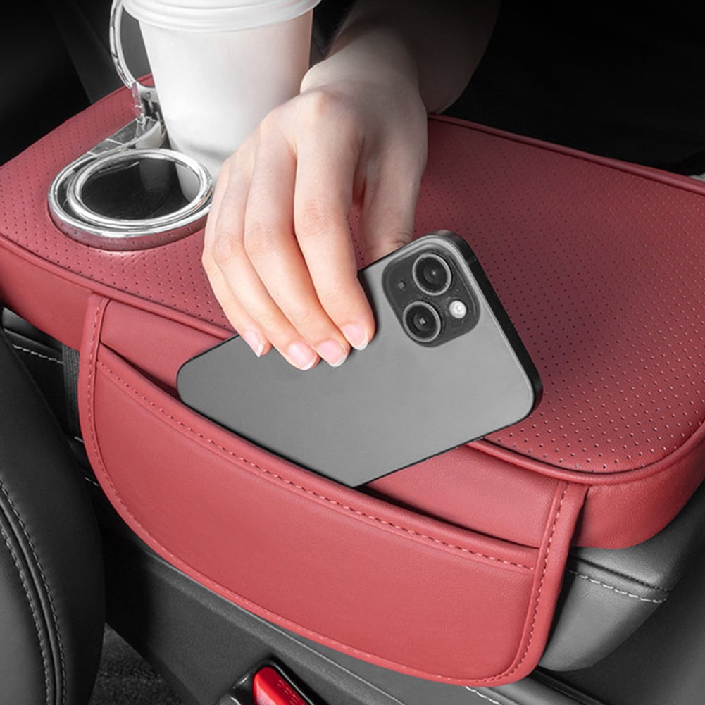 Car Armrest Cushion With 2 Cup Holder And Side Pocket Pu Leather Black