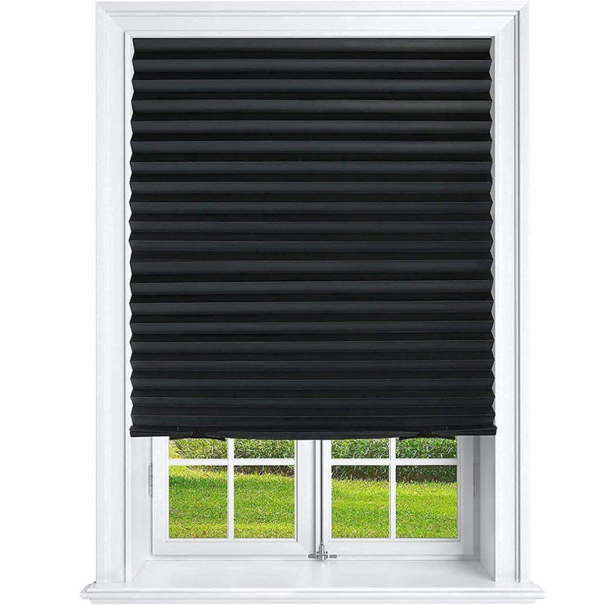 Cordless Blackout Blinds No Drill Cut to Size Self Adhesive Temporary Pleated Paper Shades for Bathroom Kitchen Living Room, Black 90x150cm