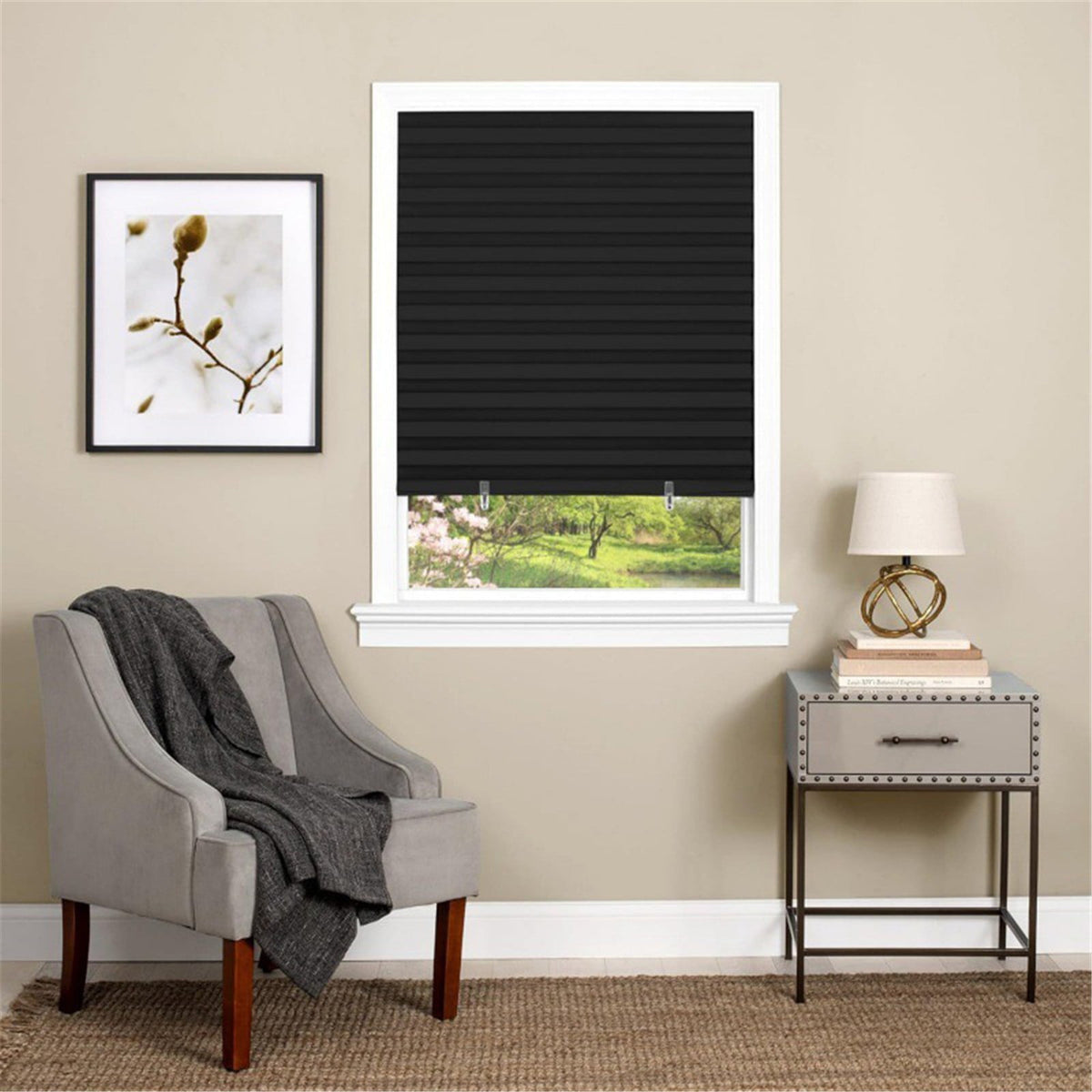 Cordless Blackout Blinds No Drill Cut to Size Self Adhesive Temporary Pleated Paper Shades for Bathroom Kitchen Living Room, Black 90x150cm