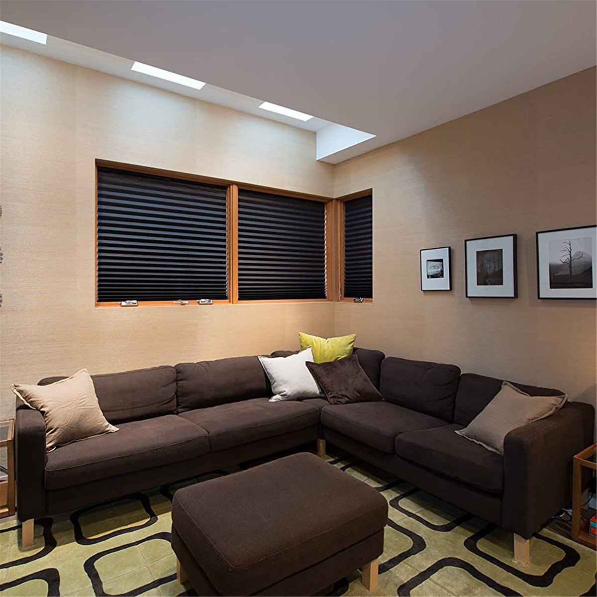 Blackout Cordless Pleated Paper Blinds No Drill Self Adhesive Cut to Size for Bathroom Kitchen Living Room, Black 90x150cm and 90x180cm