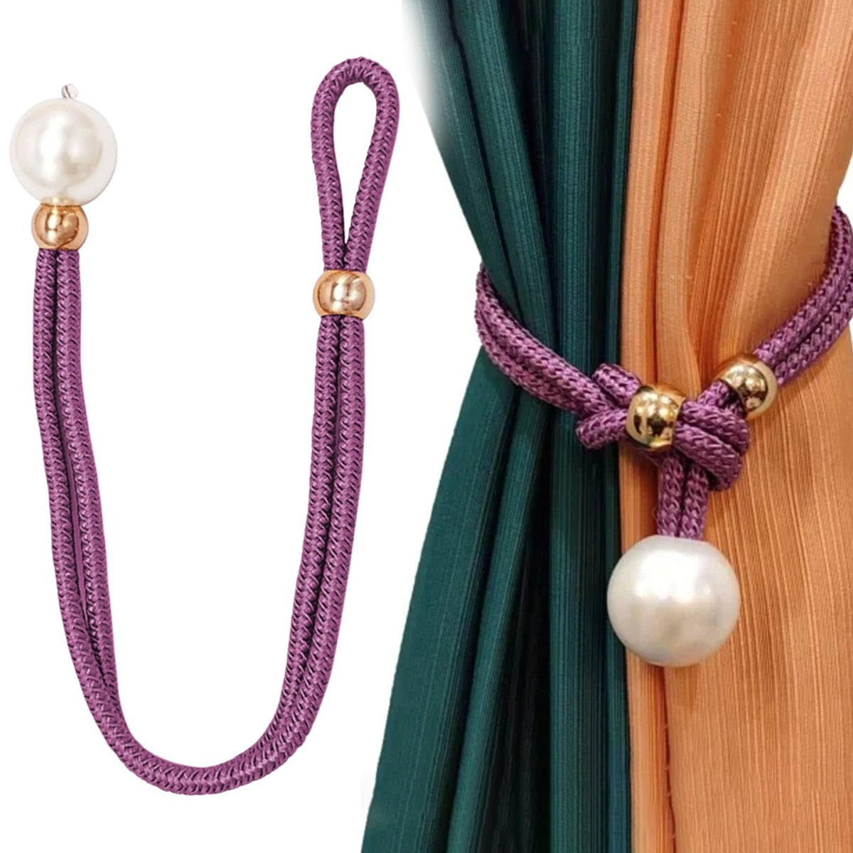1 Piece Pearl Curtain Tieback, Adjustable Hand Woven Rope Holdback with Bead for Bedroom and Living Room Curtains, Purple, 21.56 x 1.57 inches