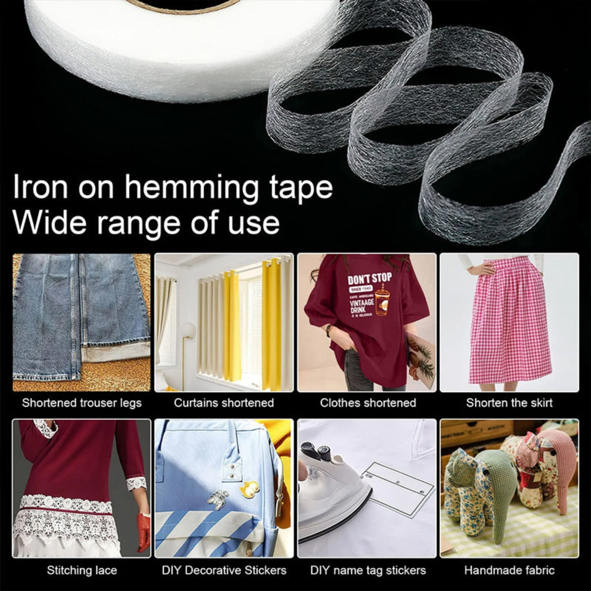 No Sew Hemming Tape Double Sided, Fabric Adhesive Tape for Pants Curtains Dresses Clothes Crafting, White, 1.5cm