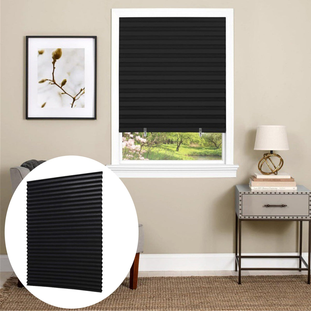 1 Pack Pleated Paper Blinds, Blackout Window Shades Cut to Size, Thermal Insulated No Drill Shades for Office Bedroom Living Room, Black 90x150cm