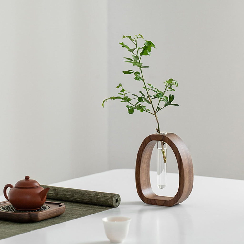 Hydroponic Plant Cutting Station with Glass Test Tube Vase and Wooden Stand for Flowers, Propagation and Home Decor, Brown