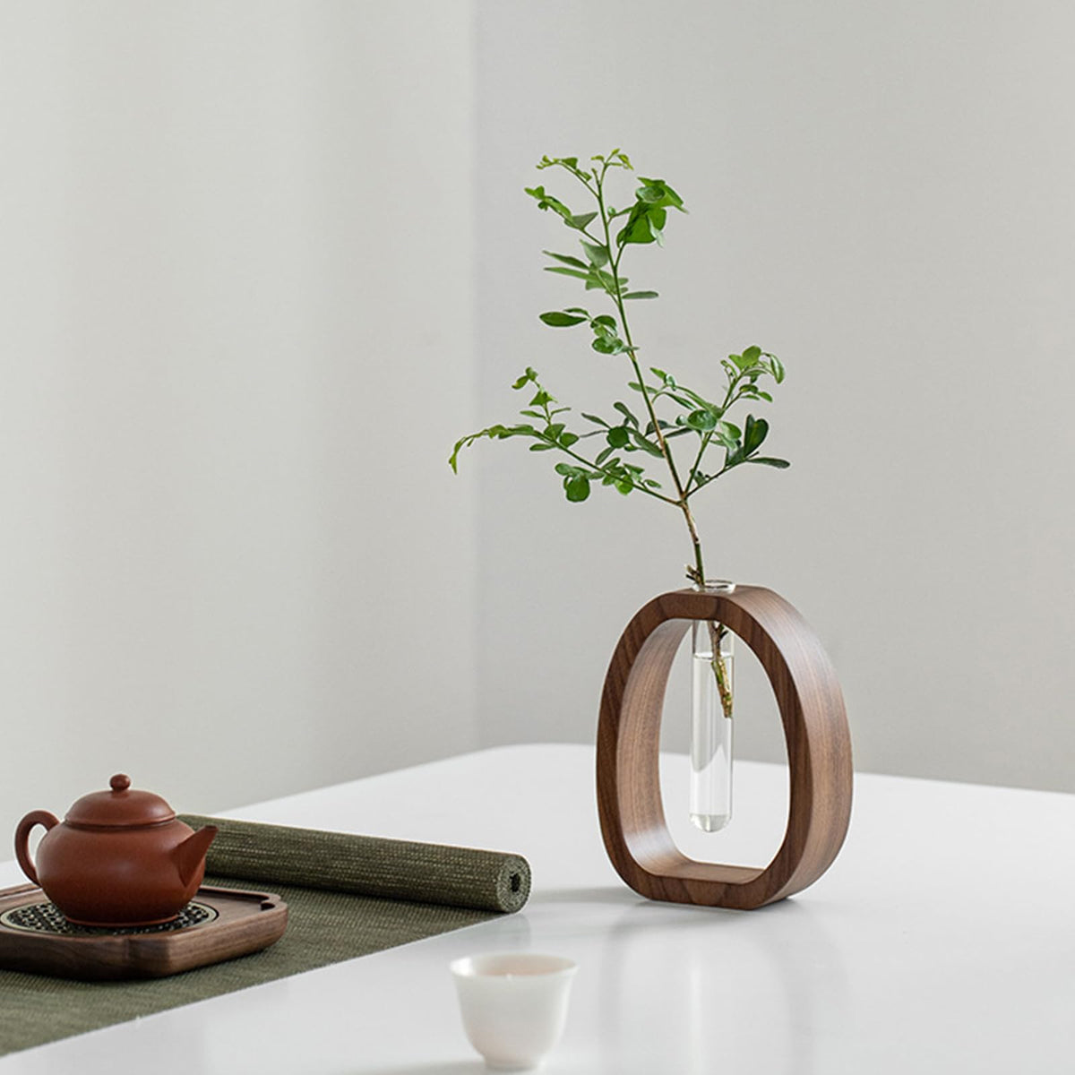 Hydroponic Plant Cutting Station with Glass Test Tube Vase and Wooden Stand for Flowers, Propagation and Home Decor, Brown