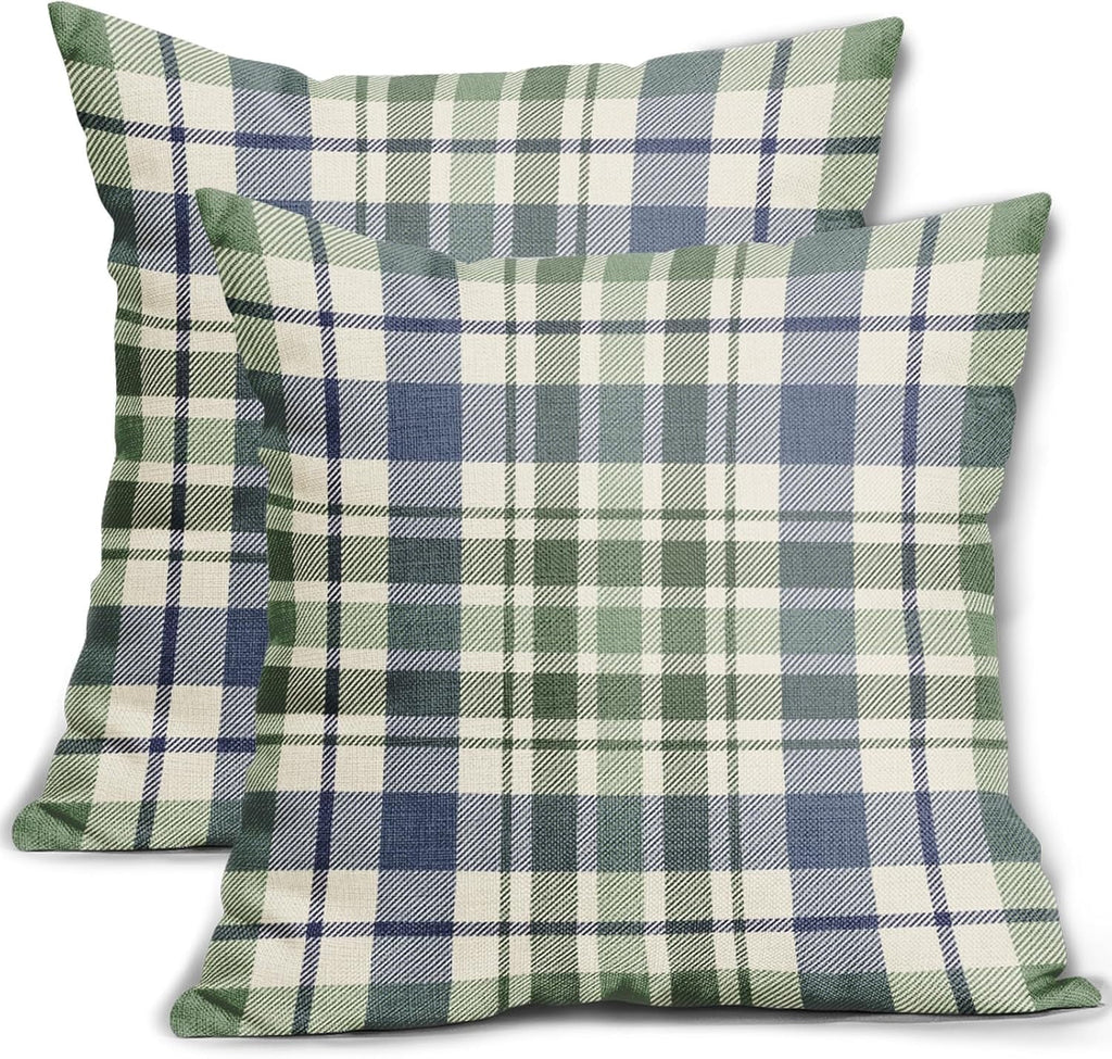 2 Pack Fall Plaid Pillow Covers, Buffalo Tartan Decorative Cushion Cases for Couch, Sofa and Bed, 20x20, Blue Sage Green