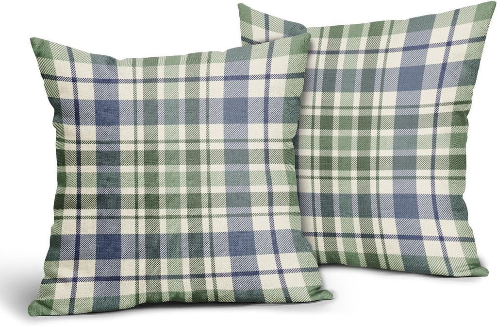 2 Pack Fall Plaid Pillow Covers, Buffalo Tartan Decorative Cushion Cases for Couch, Sofa and Bed, 20x20, Blue Sage Green