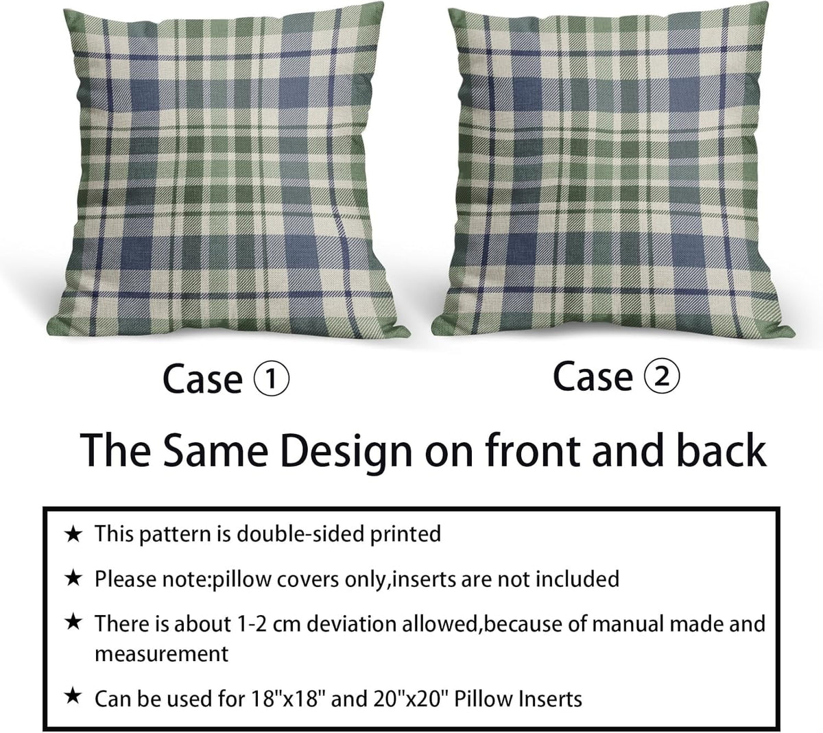2 Pack Fall Plaid Pillow Covers, Buffalo Tartan Decorative Cushion Cases for Couch, Sofa and Bed, 20x20, Blue Sage Green