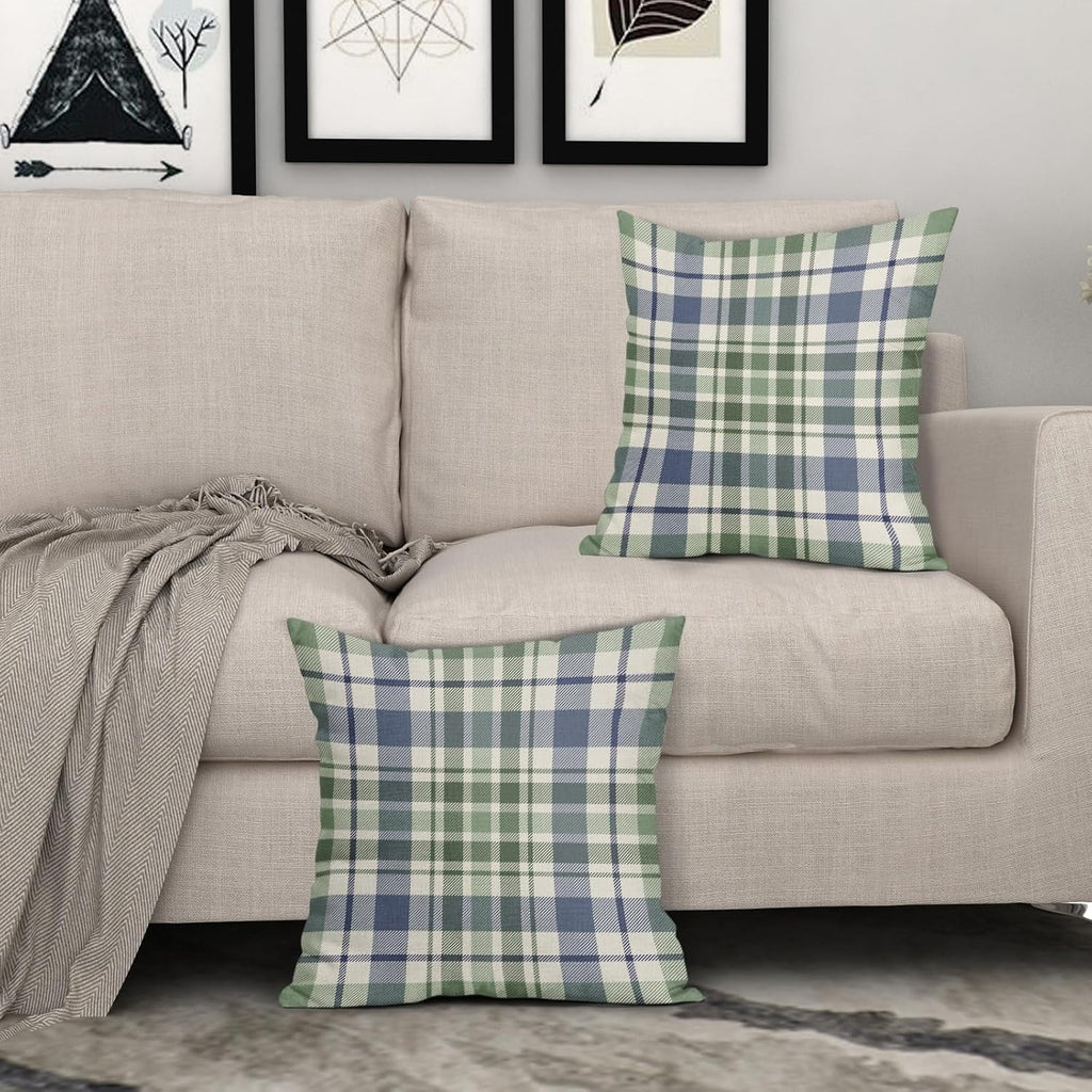 2 Pack Fall Plaid Pillow Covers, Buffalo Tartan Decorative Cushion Cases for Couch, Sofa and Bed, 20x20, Blue Sage Green