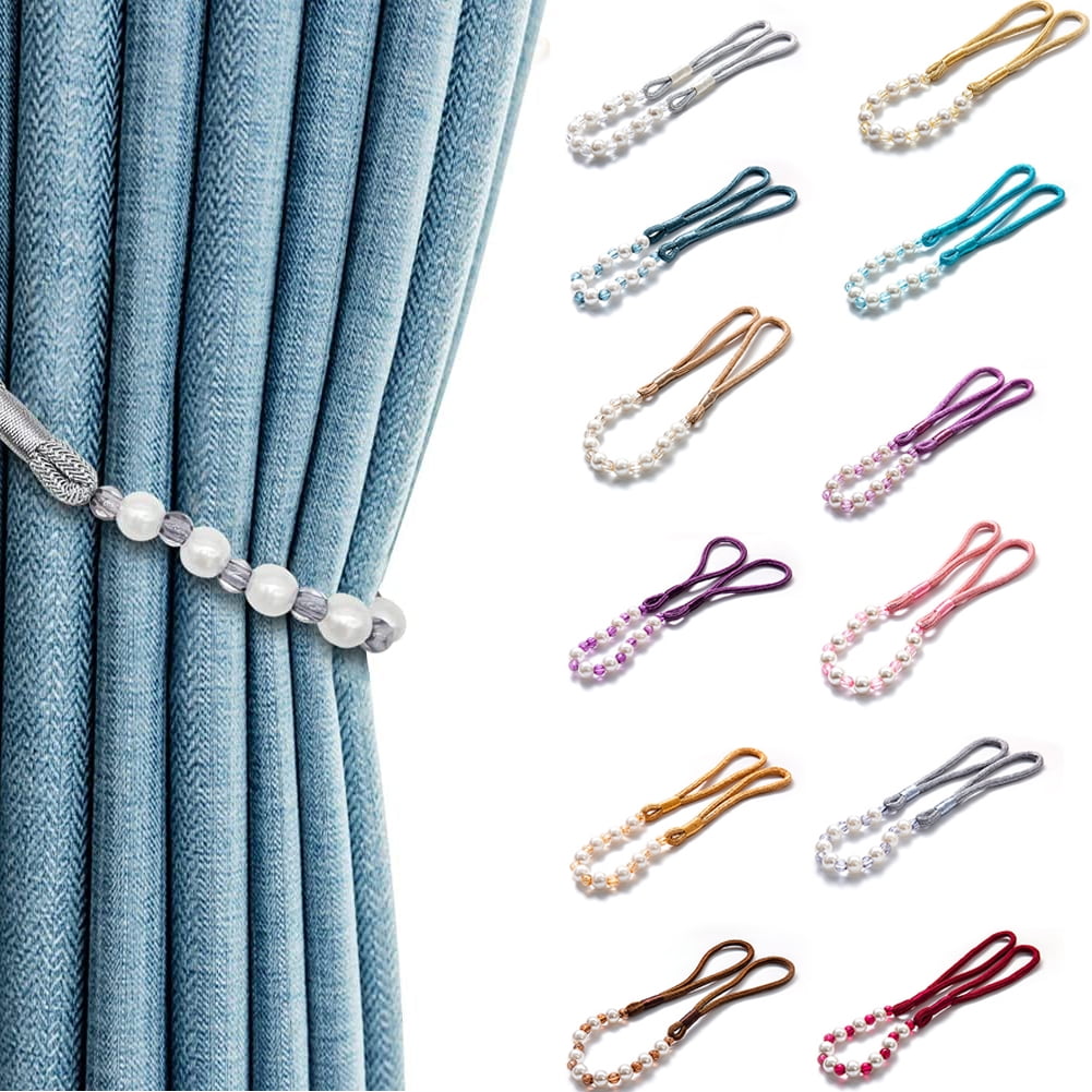 2 Pack Acrylic Pearl Curtain Tie Backs Curtain Hooks, Elegant Beads Curtain Rope Straps, Decorative Holdbacks Curtain Holders, 29in Light Brown