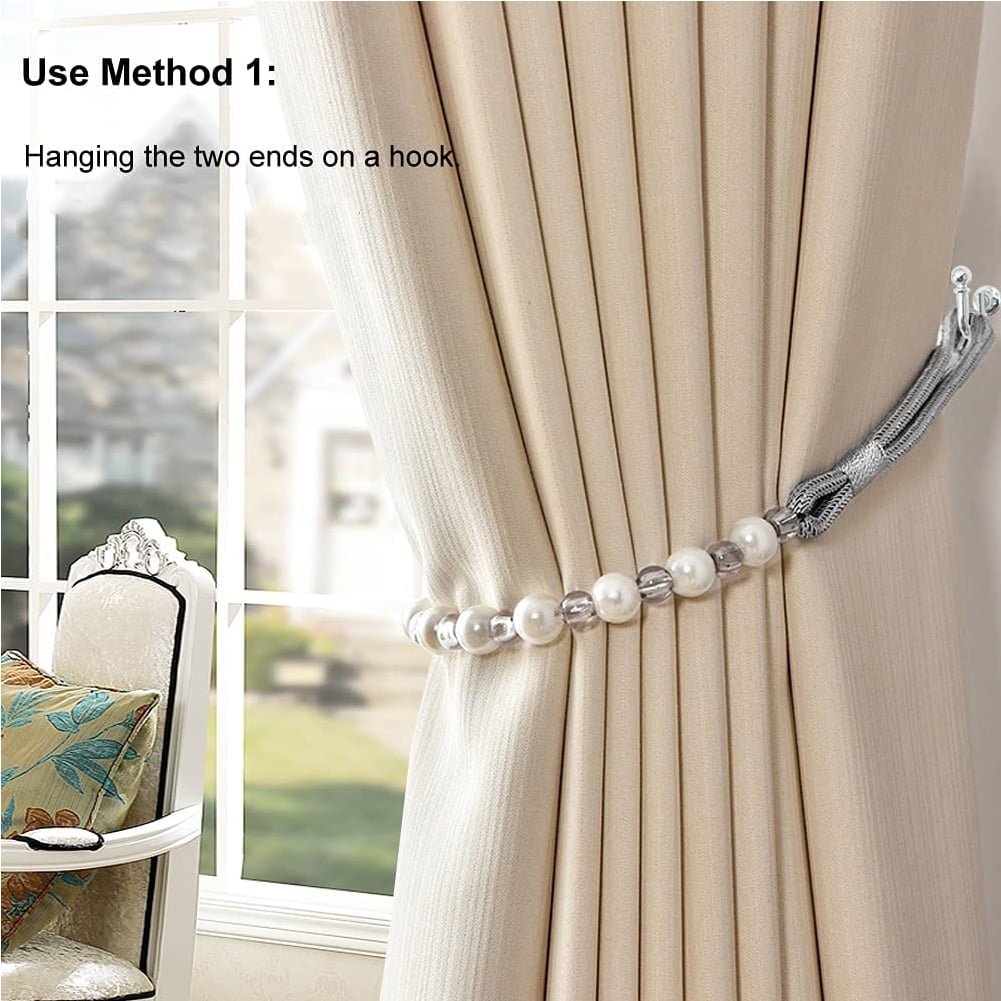 2 Pack Acrylic Pearl Curtain Tie Backs Curtain Hooks, Elegant Beads Curtain Rope Straps, Decorative Holdbacks Curtain Holders, 29in Light Brown