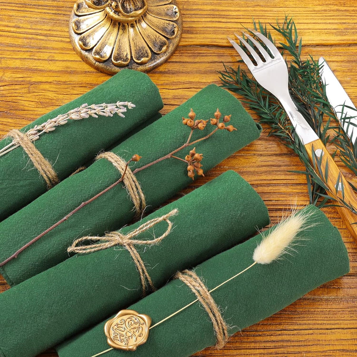 Cotton Linen Napkins Bulk 17"x17" Stonewashed Cloth Dinner Napkins Rustic Thick Table Napkins for Fall Thanksgiving Christmas Party Wedding Decoration (Set of 4, Sage) Emerald Green