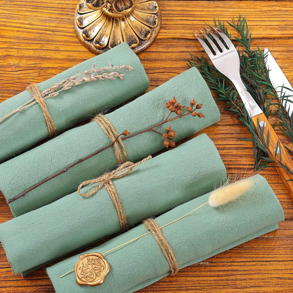 Cotton Linen Napkins Bulk 17"x17" Stonewashed Cloth Dinner Napkins Rustic Thick Table Napkins for Fall Thanksgiving Christmas Party Wedding Decoration (Set of 4, Sage) Sage