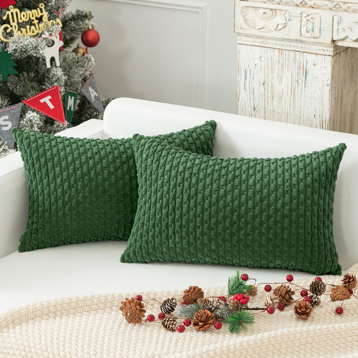 2 Pack Striped Velvet Corduroy Pillow Covers, Decorative Throw Cushion Cases for Couch, Sofa and Bed, 12 x 20-Inch, Green