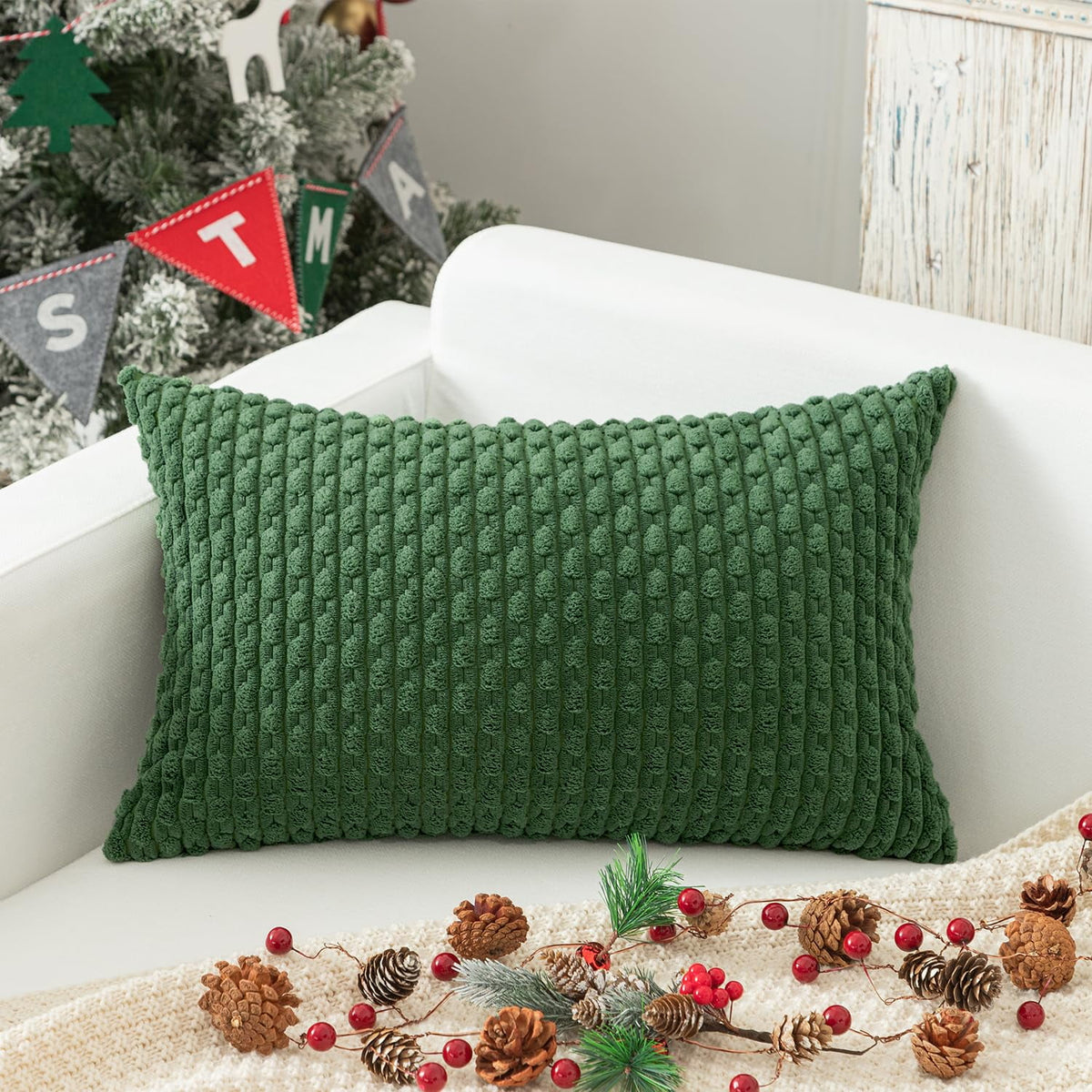 2 Pack Striped Velvet Corduroy Pillow Covers, Decorative Throw Cushion Cases for Couch, Sofa and Bed, 12 x 20-Inch, Green