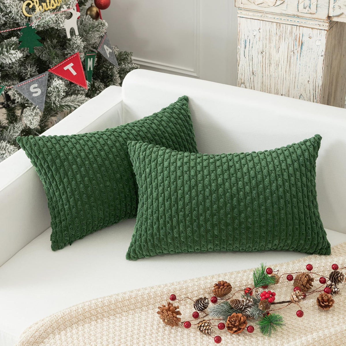 2 Pack Striped Velvet Corduroy Pillow Covers, Decorative Throw Cushion Cases for Couch, Sofa and Bed, 12 x 20-Inch, Green