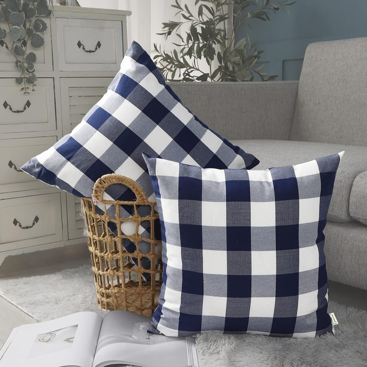 Light Blue Farmhouse Buffalo Plaid Pillow Covers 18x18 Set of 2 Patio Outdoor Decor Neutral Checkered Pillow Covers 18 x 18, Blue and White Gingham Plaid Check 18"x18", Set of 2 Black