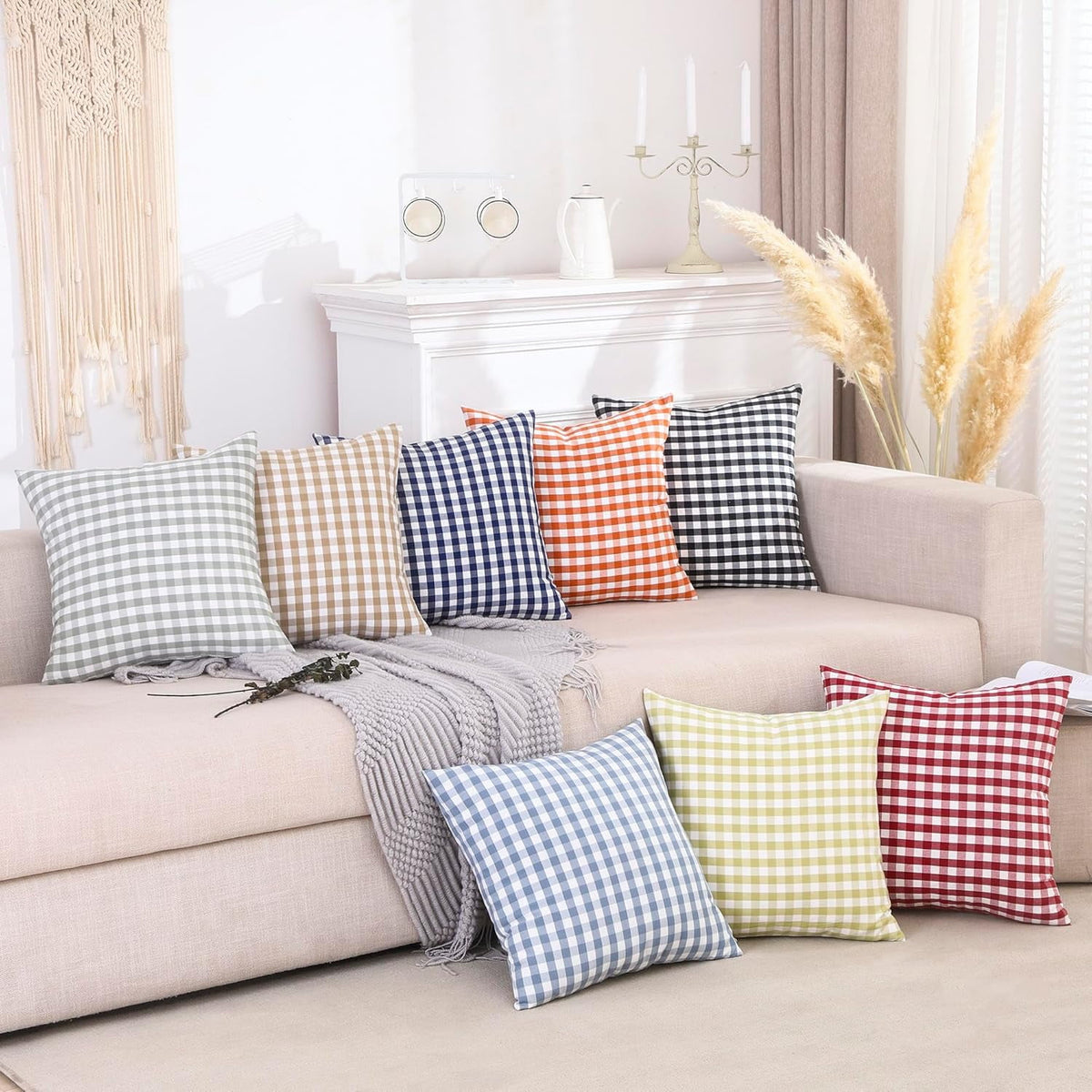 Light Blue Farmhouse Buffalo Plaid Pillow Covers 18x18 Set of 2 Patio Outdoor Decor Neutral Checkered Pillow Covers 18 x 18, Blue and White Gingham Plaid Gingham 18"x18", Set of 2 Burgundy