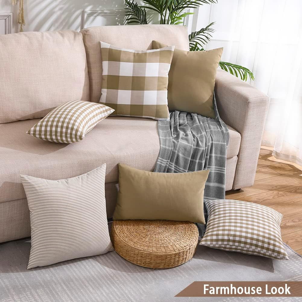 Light Blue Farmhouse Buffalo Plaid Pillow Covers 18x18 Set of 2 Patio Outdoor Decor Neutral Checkered Pillow Covers 18 x 18, Blue and White Gingham Pinstripe 18"x18", Set of 2 Khaki
