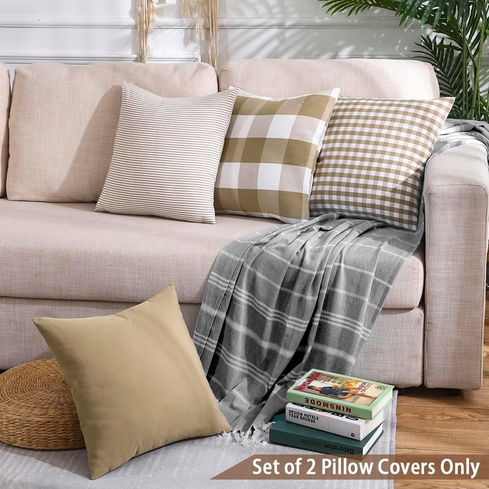 Light Blue Farmhouse Buffalo Plaid Pillow Covers 18x18 Set of 2 Patio Outdoor Decor Neutral Checkered Pillow Covers 18 x 18, Blue and White Gingham Plaid Gingham 18"x18", Set of 2 Khaki