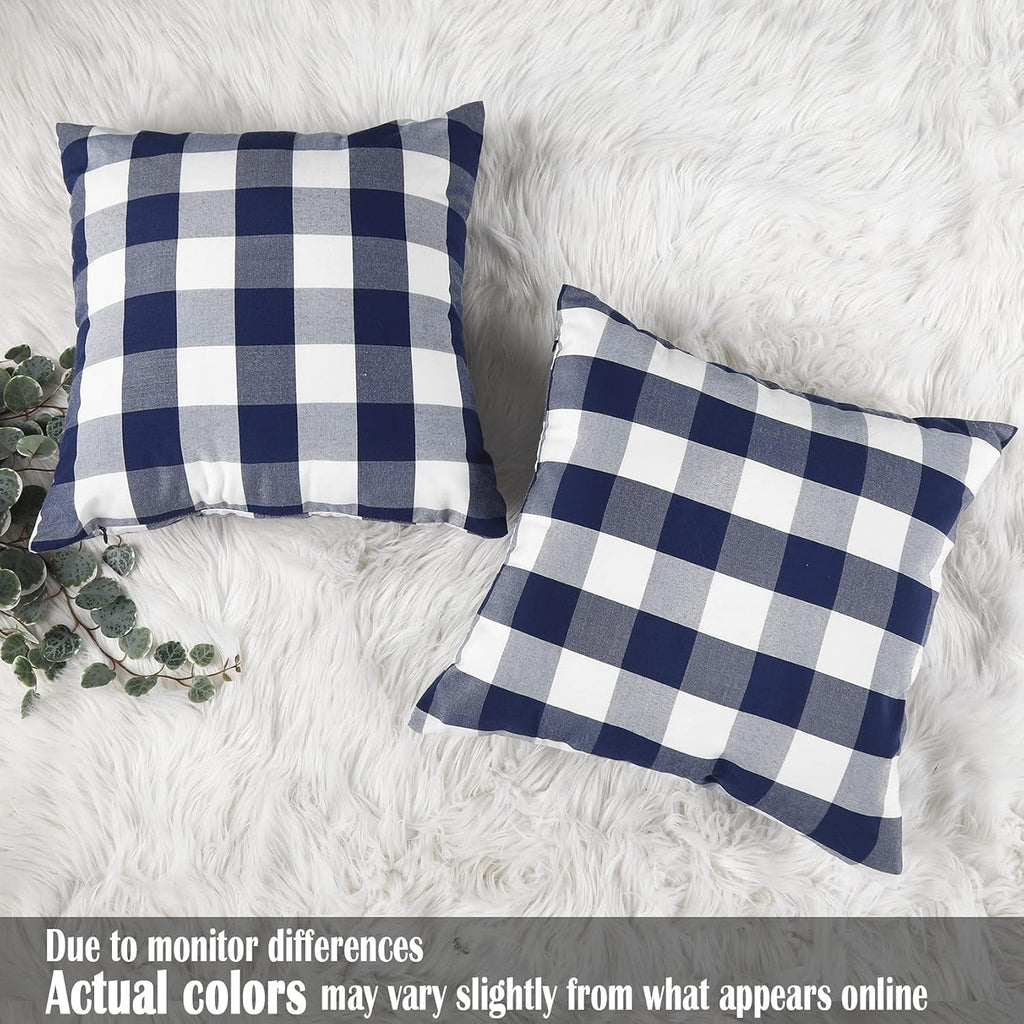 Light Blue Farmhouse Buffalo Plaid Pillow Covers 18x18 Set of 2 Patio Outdoor Decor Neutral Checkered Pillow Covers 18 x 18, Blue and White Gingham Plaid Check 18"x18", Set of 2 Navy Blue