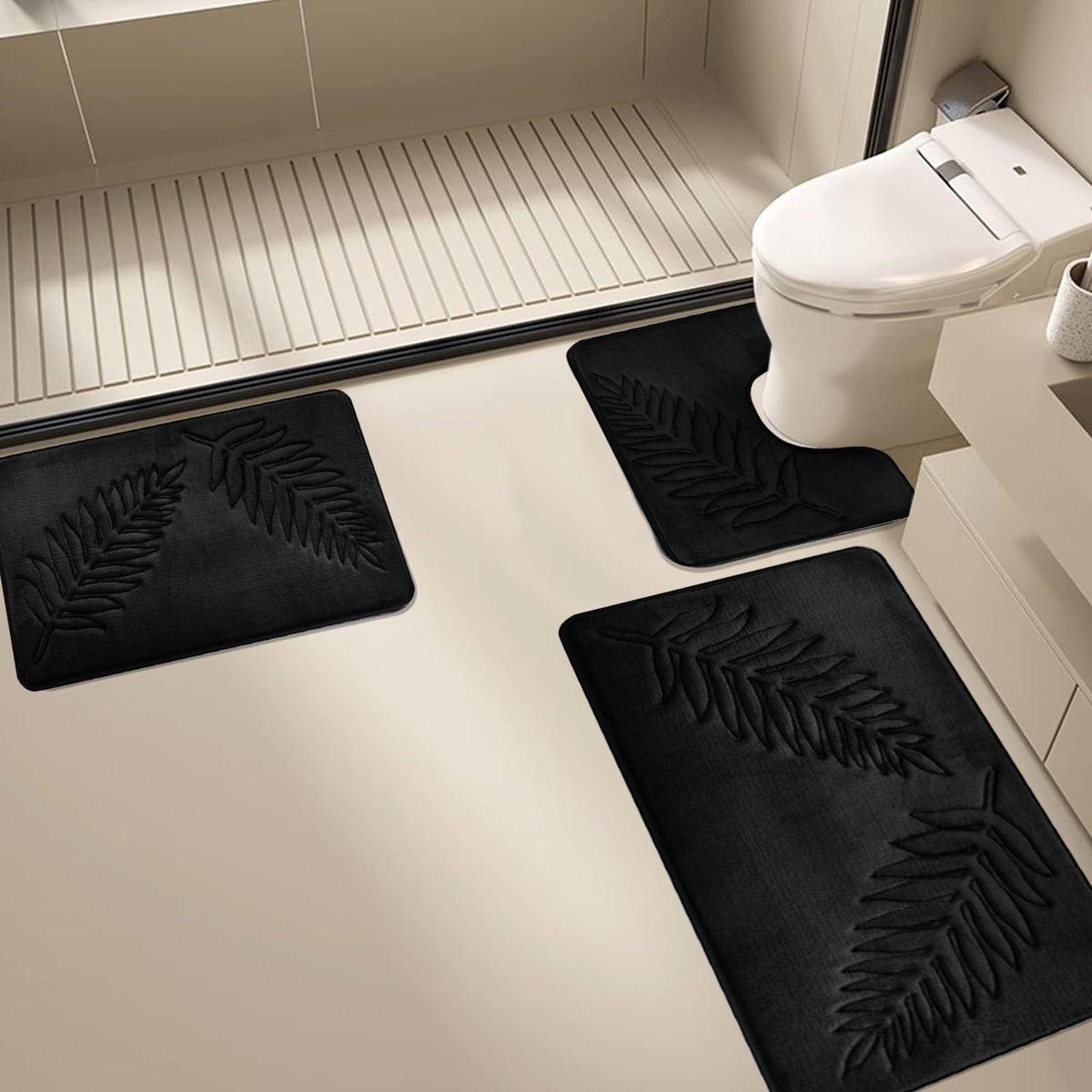 3 Pcs Bathroom Rugs, Leaves Bath Mat Toilet Mats, Soft Comfortable Non-Slip Bathroom Rug Set, Bath Mats for Bathroom, Machine Washable Bath Mat Bathroom Rug Sets, 20x31.5in 3pc Black