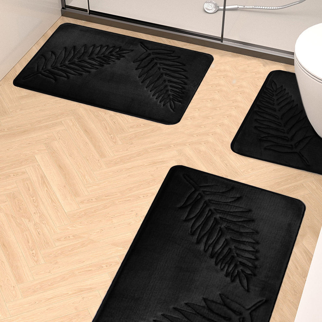 3 Pcs Bathroom Rugs, Leaves Bath Mat Toilet Mats, Soft Comfortable Non-Slip Bathroom Rug Set, Bath Mats for Bathroom, Machine Washable Bath Mat Bathroom Rug Sets, 20x31.5in 3pc Black