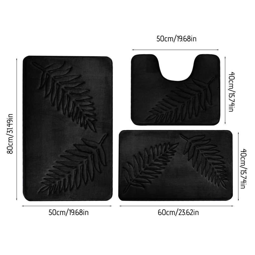 3 Pcs Bathroom Rugs, Leaves Bath Mat Toilet Mats, Soft Comfortable Non-Slip Bathroom Rug Set, Bath Mats for Bathroom, Machine Washable Bath Mat Bathroom Rug Sets, 20x31.5in, Black 3pc Dark Gray