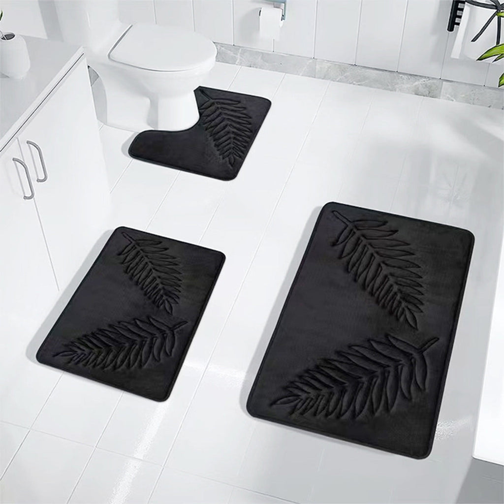 3 Pcs Bathroom Rugs, Leaves Bath Mat Toilet Mats, Soft Comfortable Non-Slip Bathroom Rug Set, Bath Mats for Bathroom, Machine Washable Bath Mat Bathroom Rug Sets, 20x31.5in, Black 3pc Gray