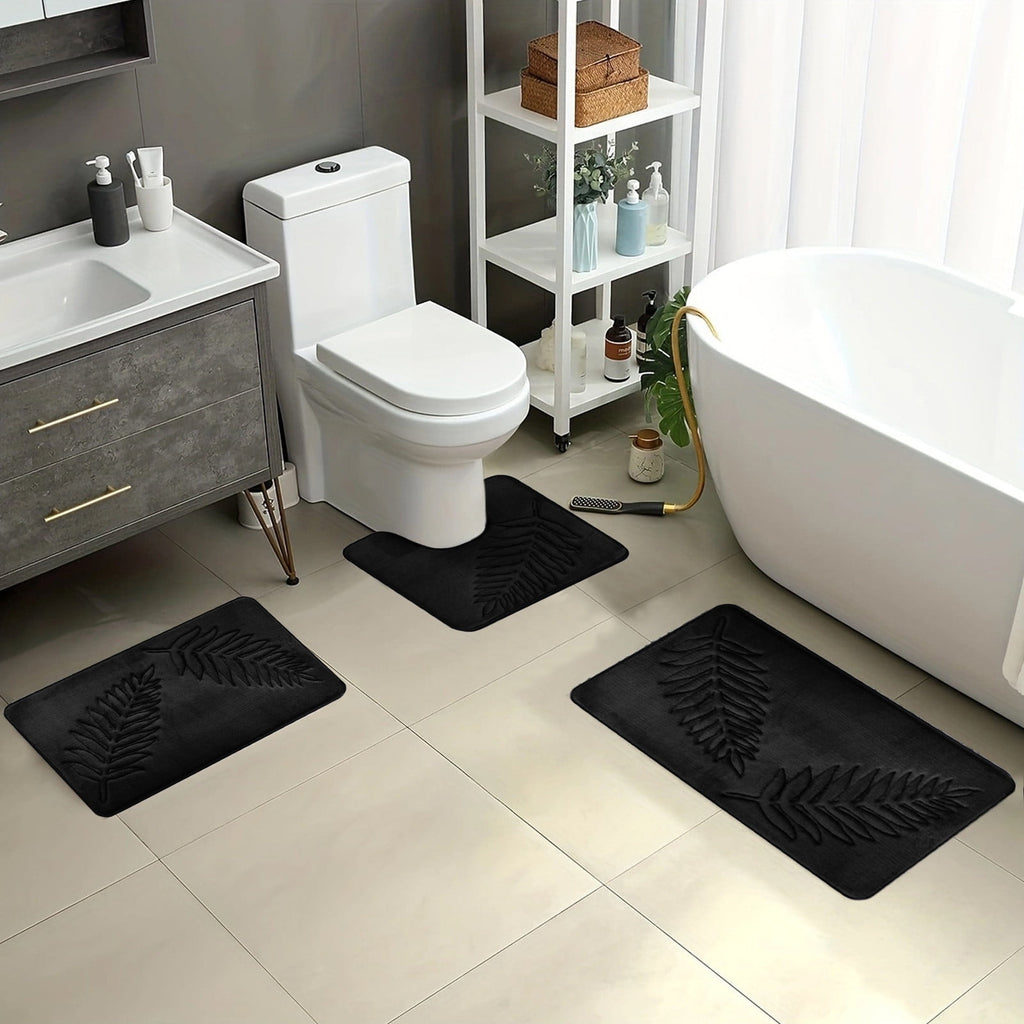3 Pcs Bathroom Rugs, Leaves Bath Mat Toilet Mats, Soft Comfortable Non-Slip Bathroom Rug Set, Bath Mats for Bathroom, Machine Washable Bath Mat Bathroom Rug Sets, 20x31.5in, Black 3pc Gray