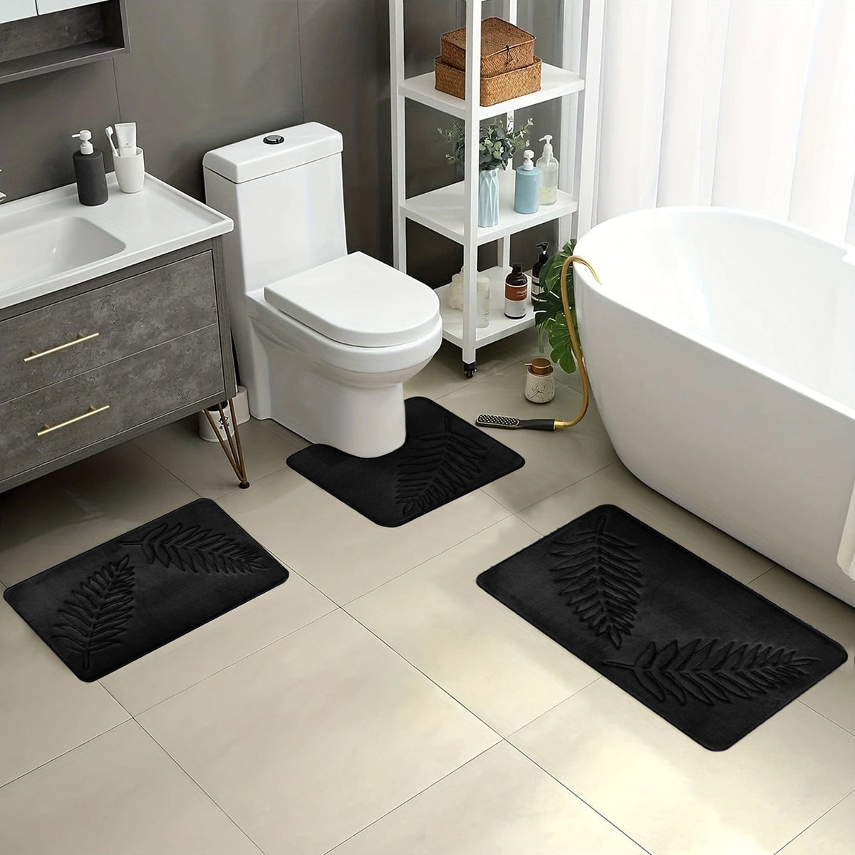 3 Pcs Bathroom Rugs, Leaves Bath Mat Toilet Mats, Soft Comfortable Non-Slip Bathroom Rug Set, Bath Mats for Bathroom, Machine Washable Bath Mat Bathroom Rug Sets, 20x31.5in, Black 3pc Gray